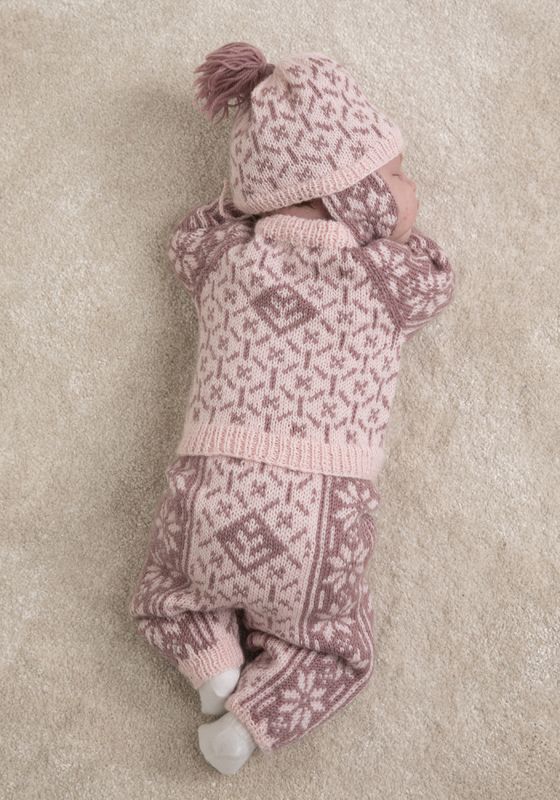 Ellinor-jakke, bukse og lue i Viking Baby ull (rosa) | Strikkepa